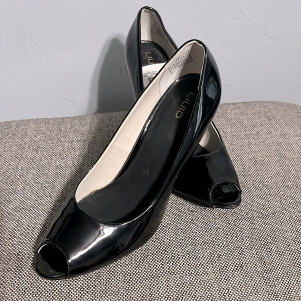 Liuid black open toed heels, size 9.